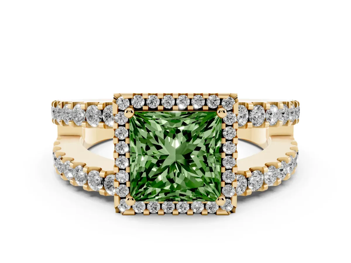 Fancy Green Princess Cut Cut Halo Split Shank Diamond Ring with Four-Prong Setting Yellow gold