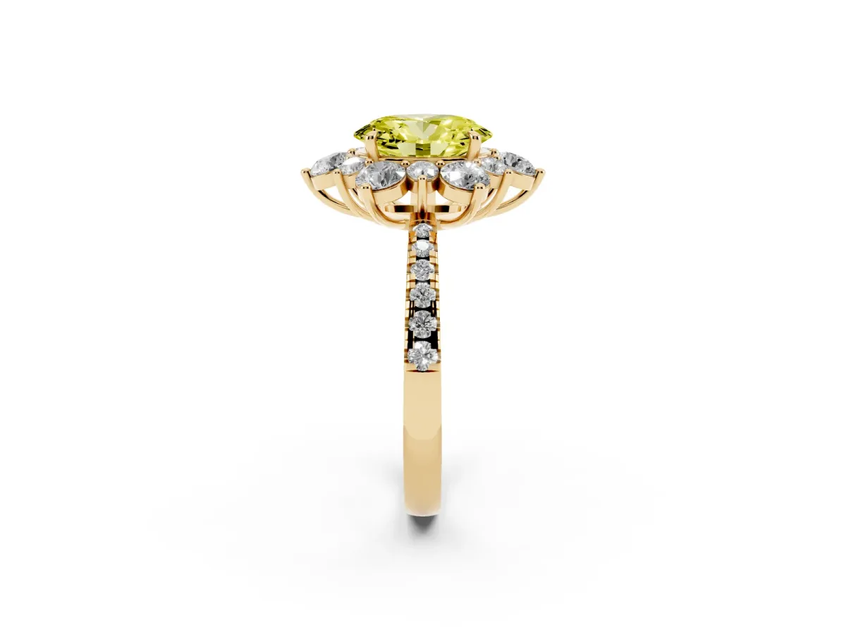 Fancy Yellow Oval Cut Diamond Floral Halo Ring with Round Pavé Band and Prong Setting Yellow gold