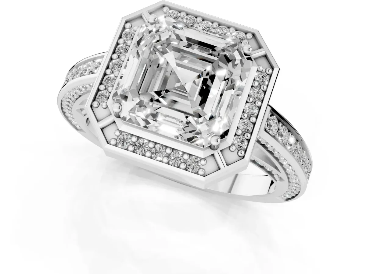 Asscher Cut Cut Halo Pave Split Shank Prong Setting Ring Platinum