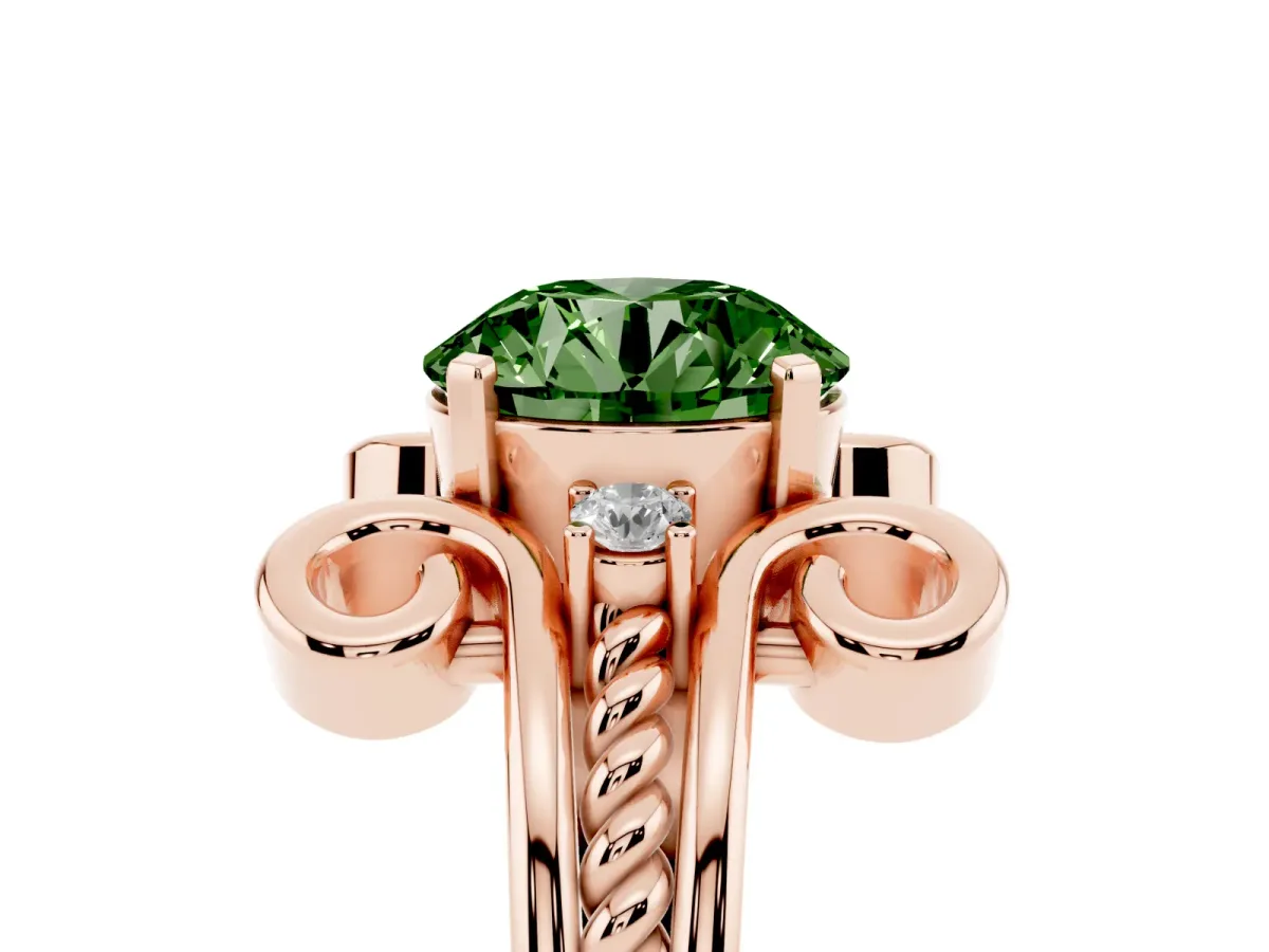 Fancy Green Round Cut Solitaire Twisted Band Scroll Prong Ring Rose gold