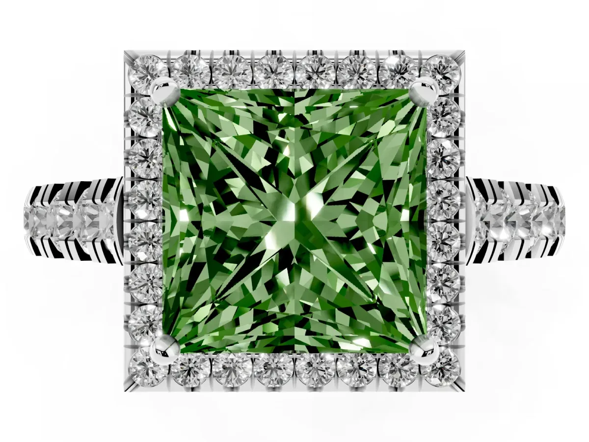 Fancy Green Princess Cut Halo Pavé Diamond Engagement Ring with Four-Prong Setting Platinum