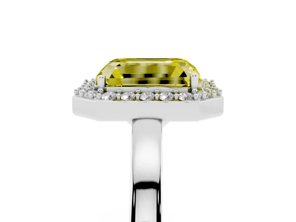 Fancy Yellow Radiant Cut Halo Diamond Ring with Solitaire Band and Prong Setting Silver