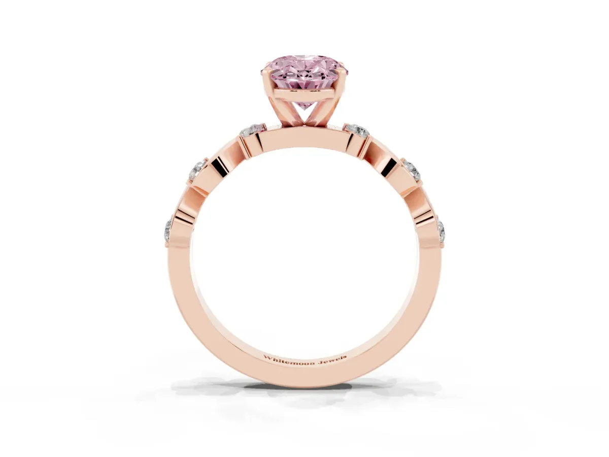 Fancy Pink Oval Cut Diamond Solitaire Twisted Band with Round Accents and Prong Setting Rose gold