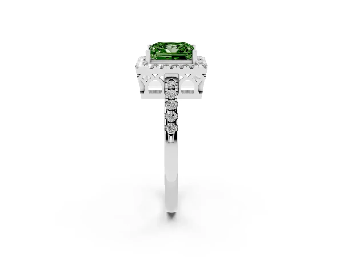 Fancy Green Princess Cut Halo Diamond Engagement Ring with Pavé Band and Four-Prong Setting Platinum