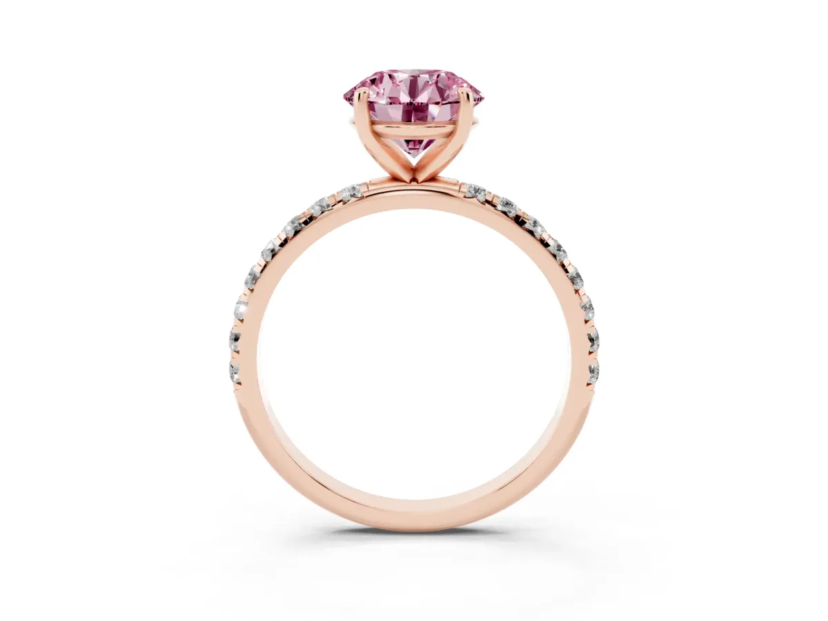 Fancy Pink Round Cut Cut Diamond Solitaire Ring with Micro Pave Band and Four Prong Setting Rose gold