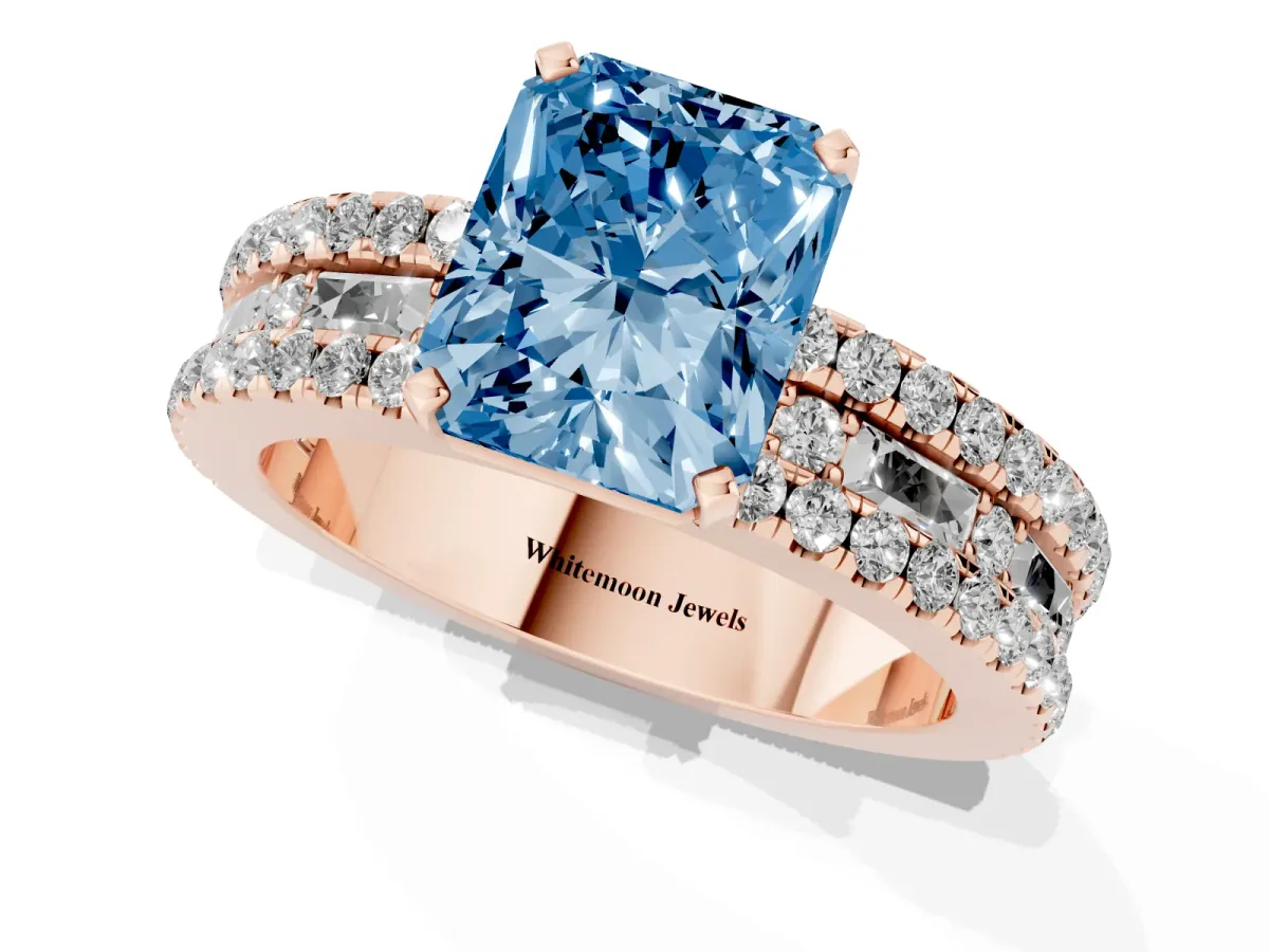 Fancy Blue Radiant Cut Diamond Solitaire Ring with Pavé and Channel Set Band Rose gold