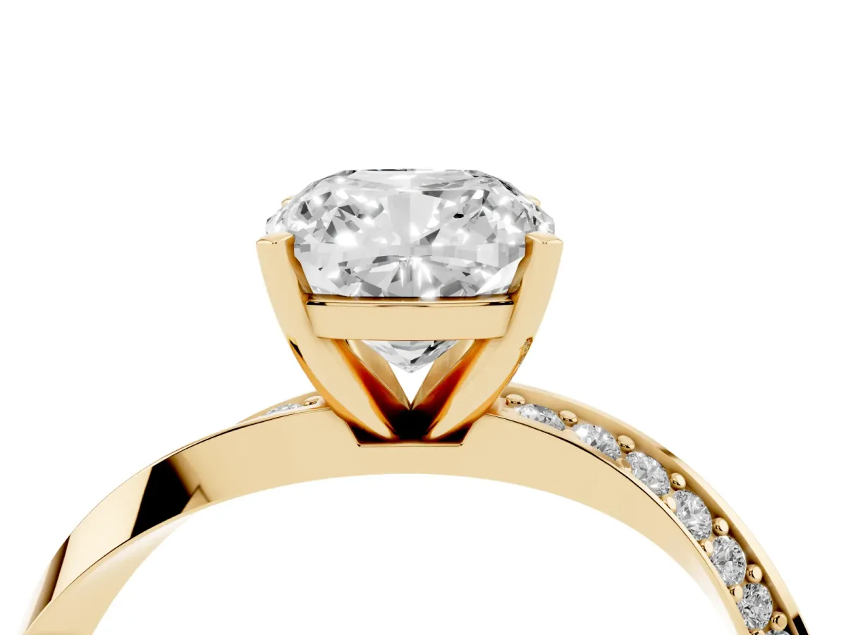 Cushion Cut Diamond Engagement Ring with Side Stone Accents and Four-Prong Setting Yellow gold
