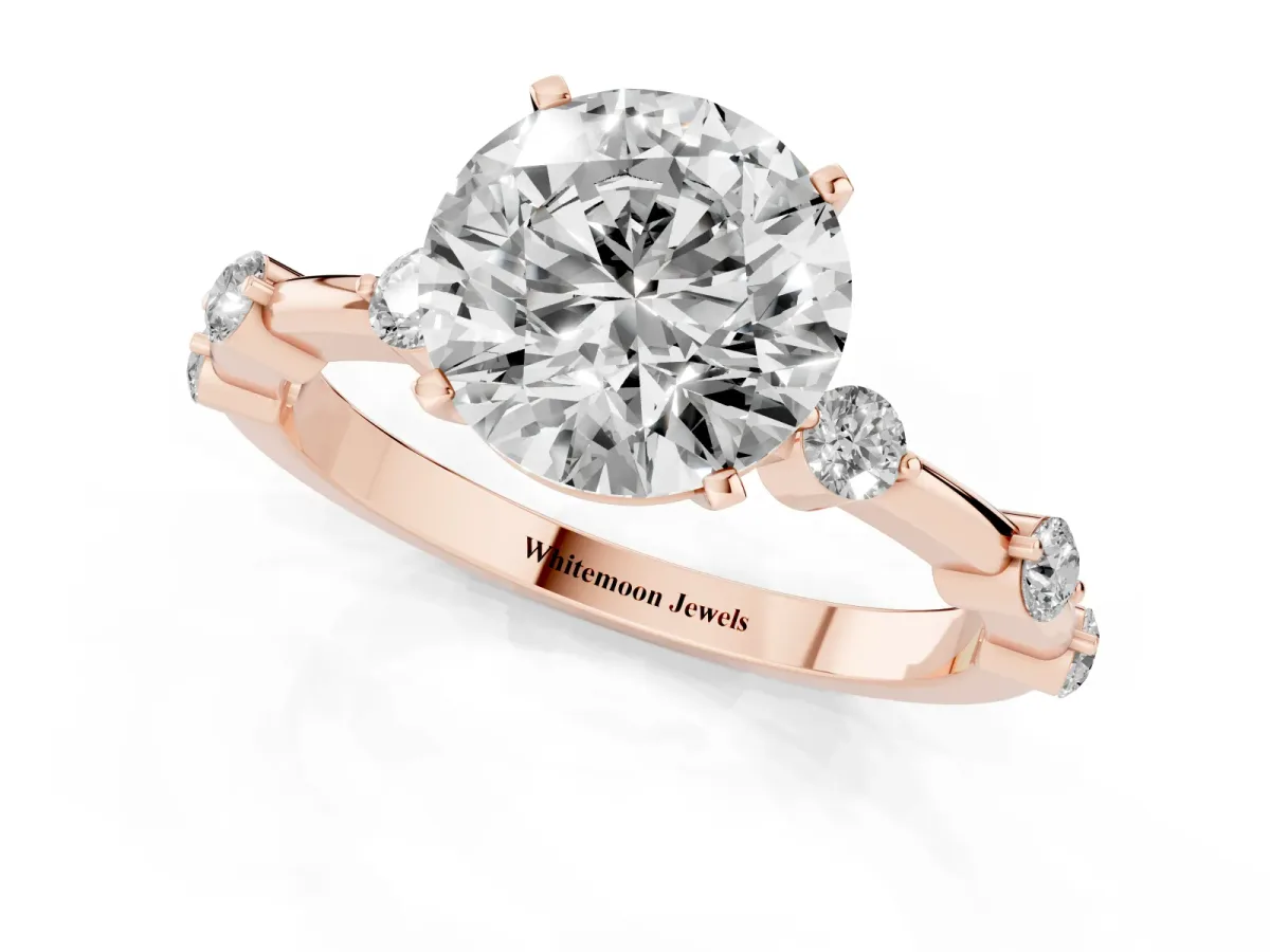 Round Cut Solitaire Diamond Ring with Bezel Set Side Stones and Prong Setting Rose gold