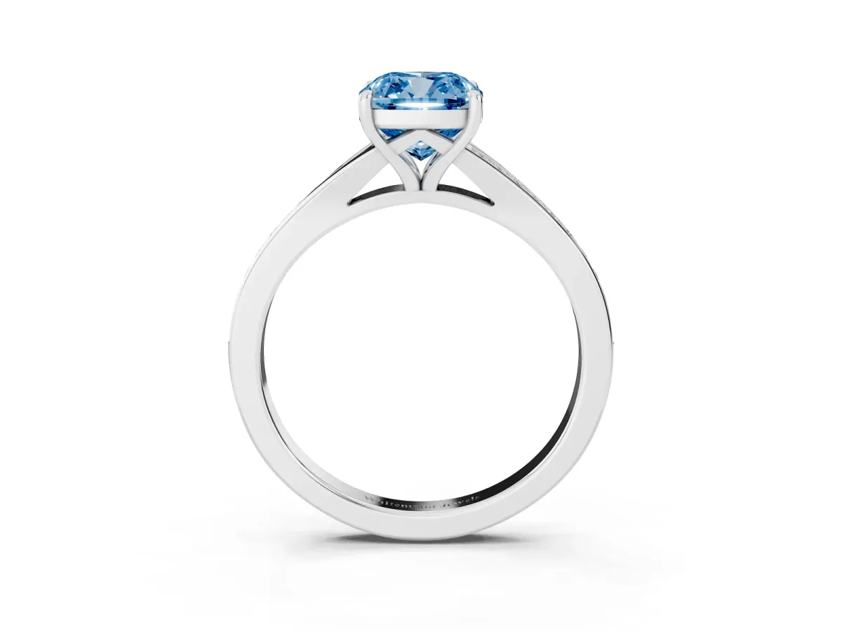 Fancy Blue Cushion Cut Diamond Solitaire Ring with Pavé Band and Prong Setting Silver