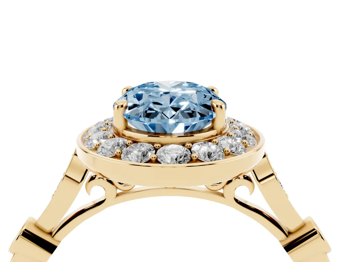 Fancy Blue Oval Cut Halo Diamond Engagement Ring with Twisted Band and Four-Prong Setting Yellow gold