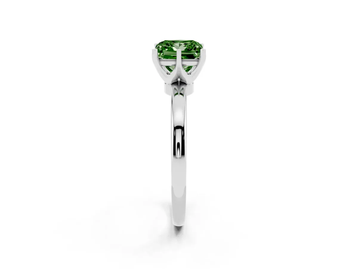 Fancy Green Princess Cut Solitaire Diamond Ring with Six-Prong Setting on a Classic Band Silver