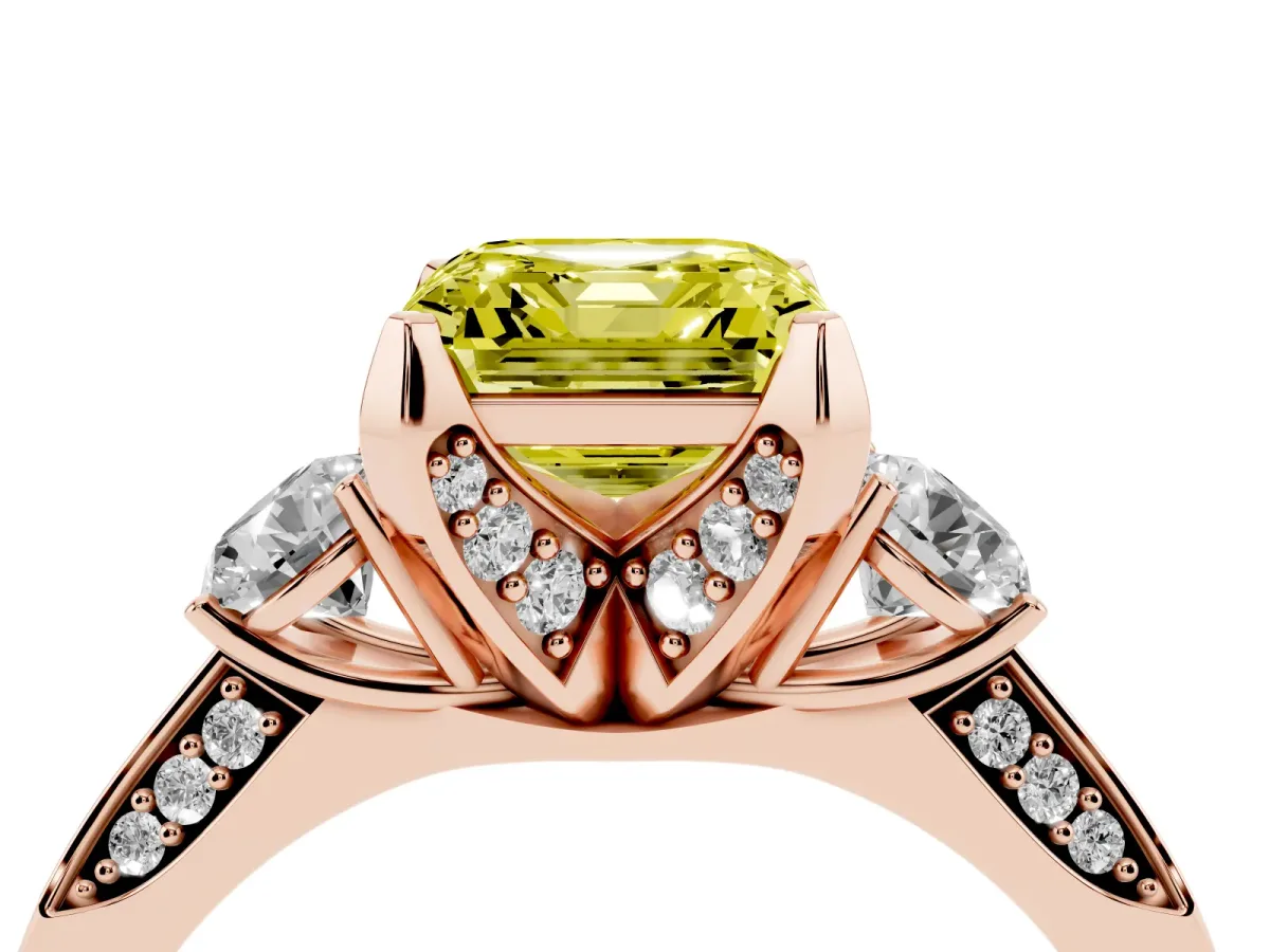 Fancy Yellow Asscher Cut Brilliant Three-Stone Diamond Ring with Pavé Band and Four-Prong Setting Rose gold