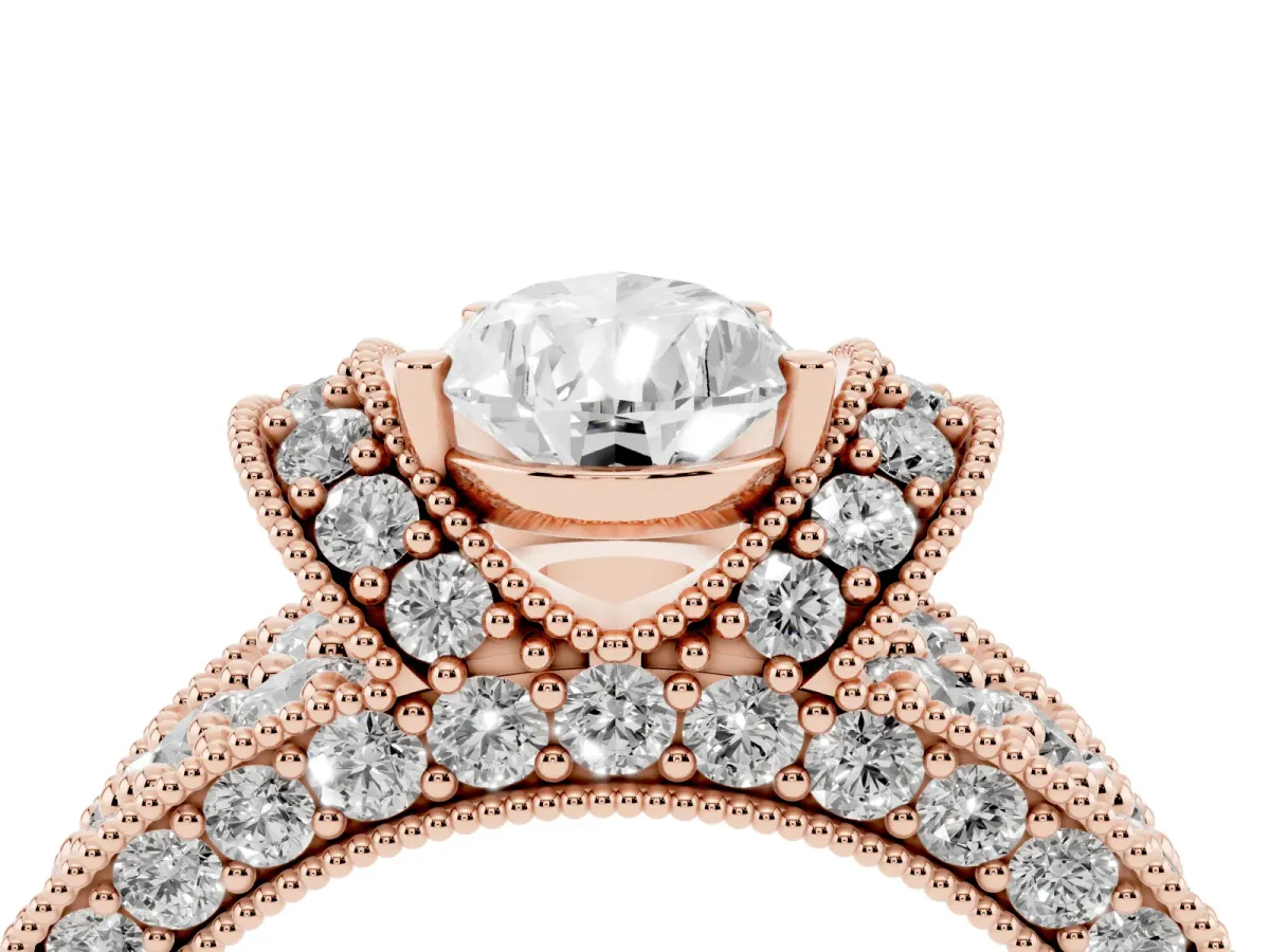 Pear Cut Halo Pave Diamond Engagement Ring with Milgrain Detailing Rose gold