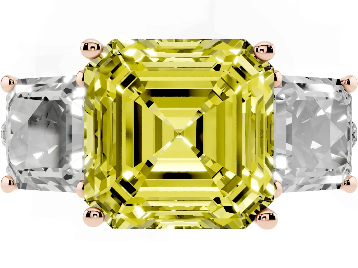 Fancy Yellow Three-Stone Asscher Cut Diamond Ring with Round Pavé Band and Prong Setting Rose gold