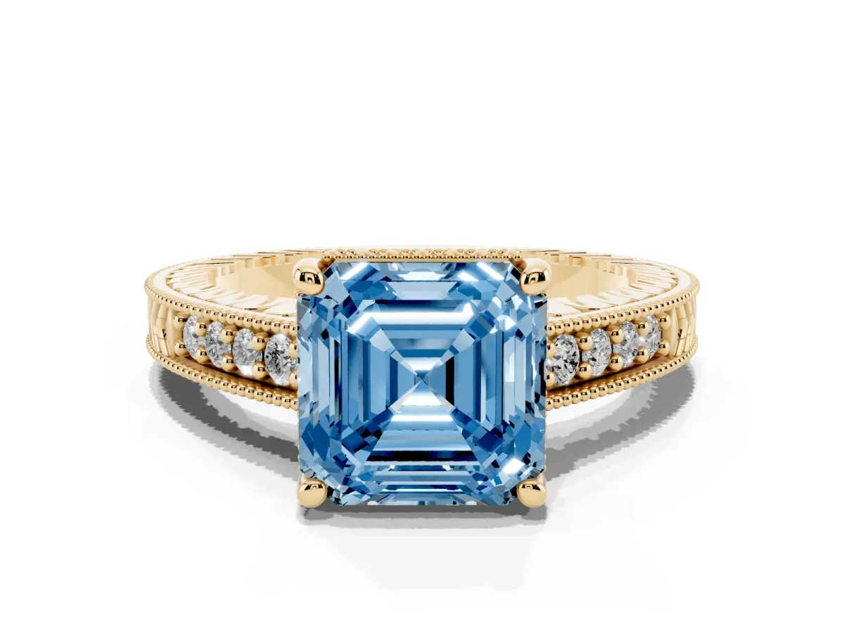Fancy Blue Asscher Cut Solitaire Pavé Diamond Milgrain Engagement Ring with Four-Prong Setting Yellow gold
