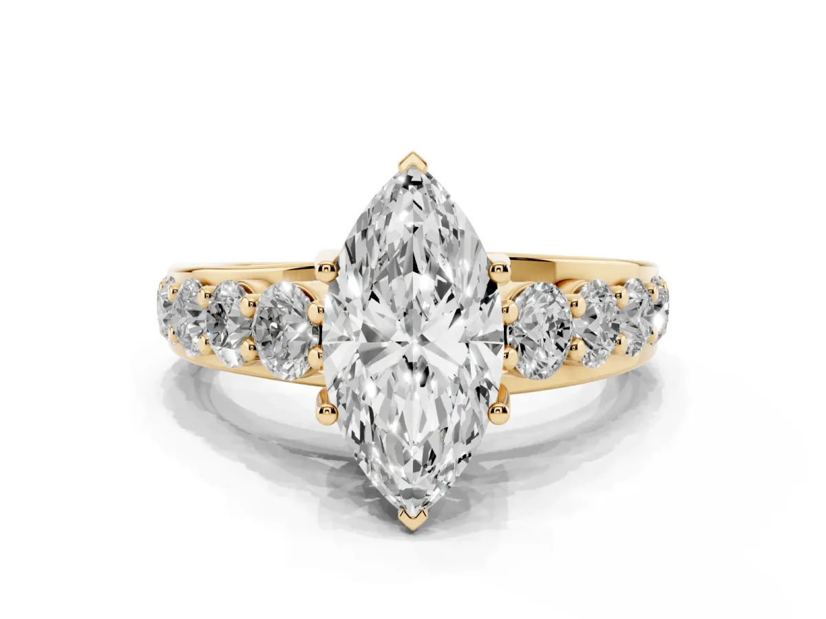 Marquise Cut Diamond Engagement Ring with Pavé Band and Four-Prong Setting Yellow gold