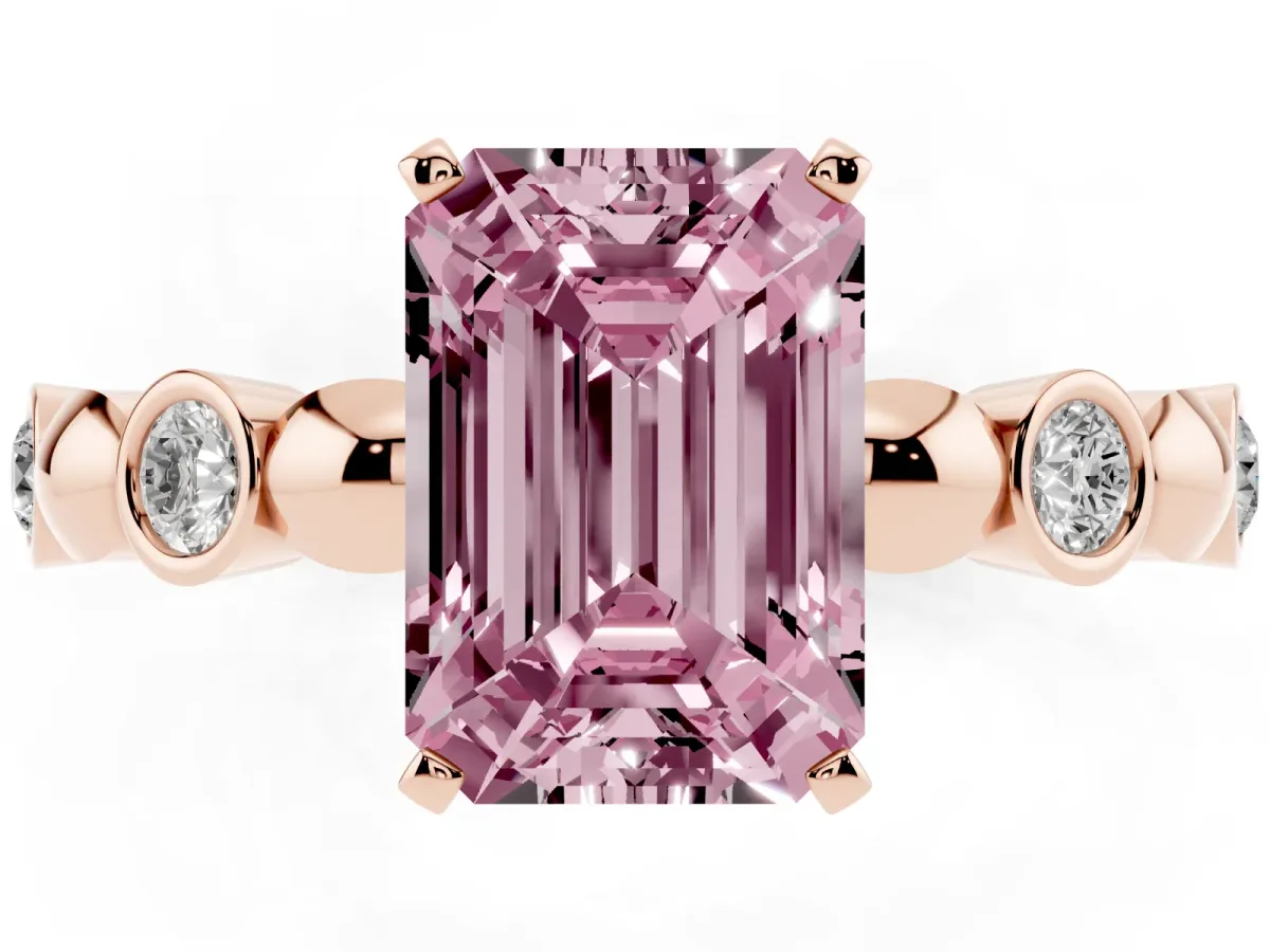 Fancy Pink Emerald Cut Solitaire Bezel-Set Diamond Ring with Beaded Band and Four-Prong Setting Rose gold
