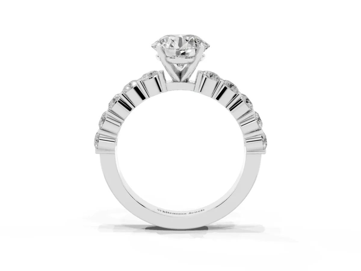 Round Cut Diamond Solitaire Ring with Shared Prong Round Side Stones Silver