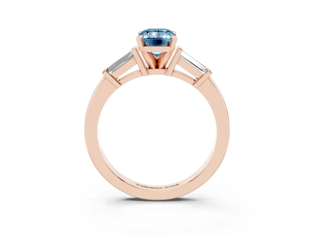 Fancy Blue Emerald Cut Cut Diamond Solitaire Ring with Tapered Baguette Accents and Four-Prong Setting Rose gold