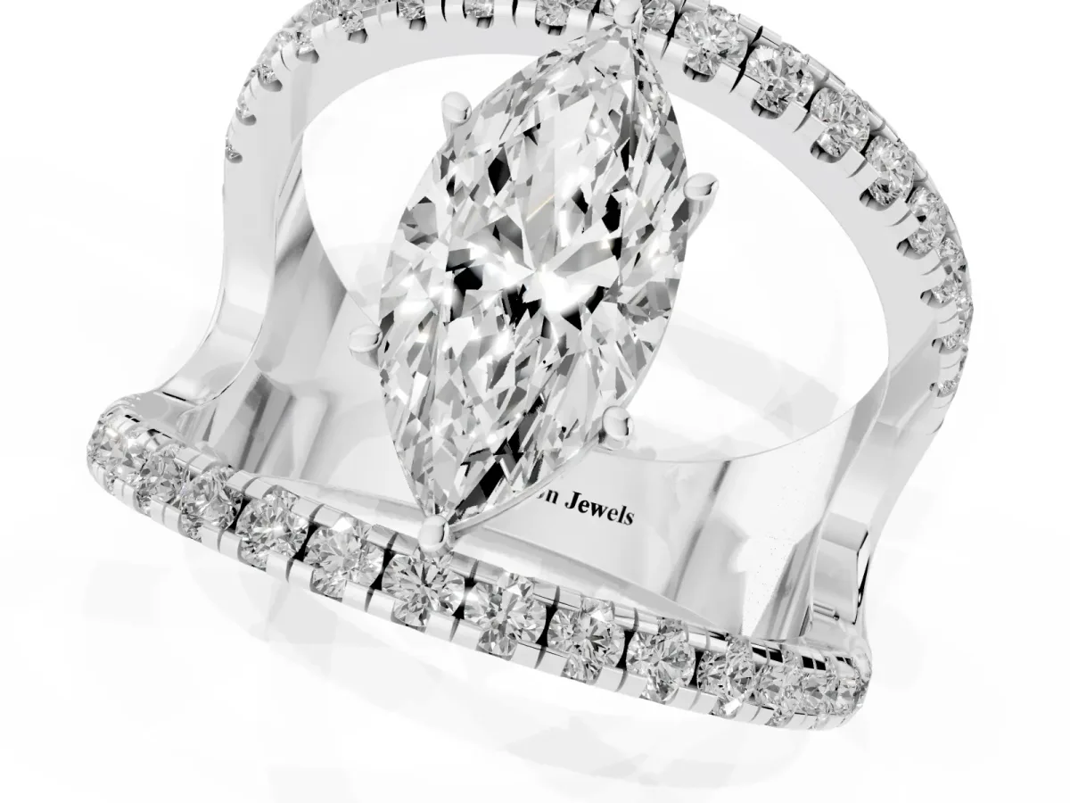 Marquise Cut Solitaire Split Shank Pave Diamond Ring Silver