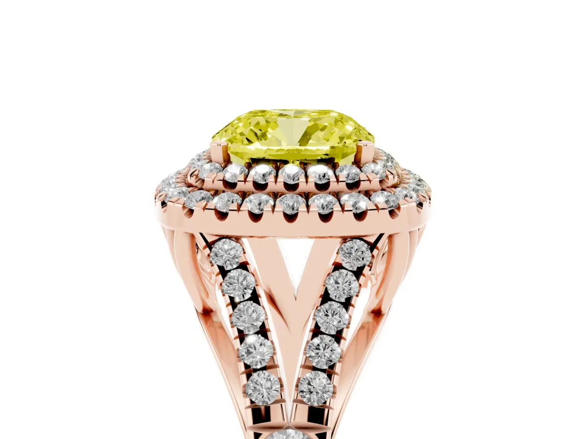 Fancy Yellow Cushion Cut Diamond Pavé Split Shank Double Halo Engagement Ring Rose gold