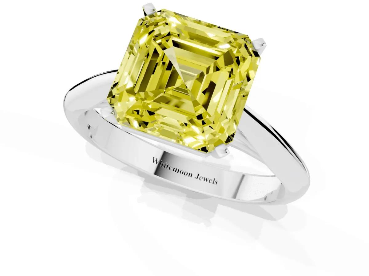 Fancy Yellow Asscher Cut Diamond Solitaire Engagement Ring with Cathedral Setting and Four-Prong Mount White gold