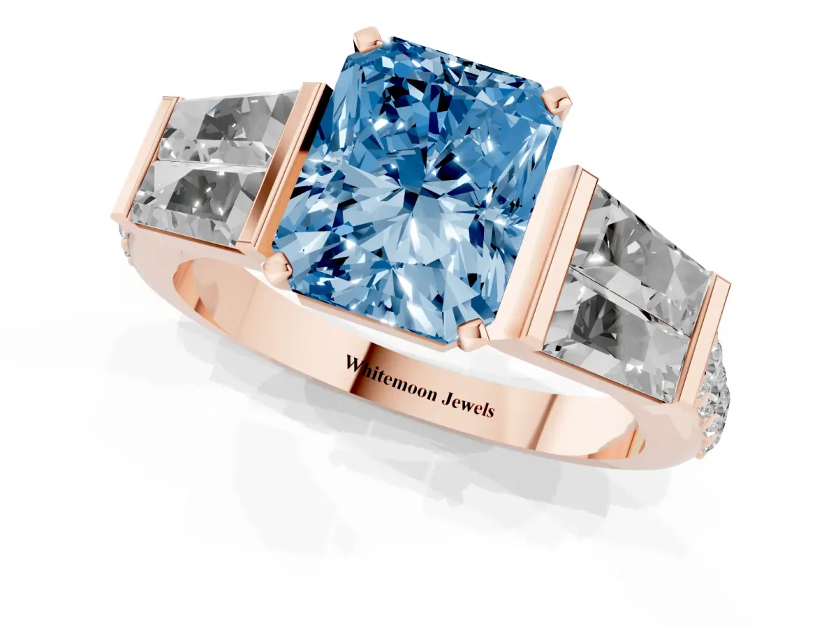 Fancy Blue Radiant Cut Diamond Engagement Ring with Baguette Side Stones and Channel Set Band Rose gold