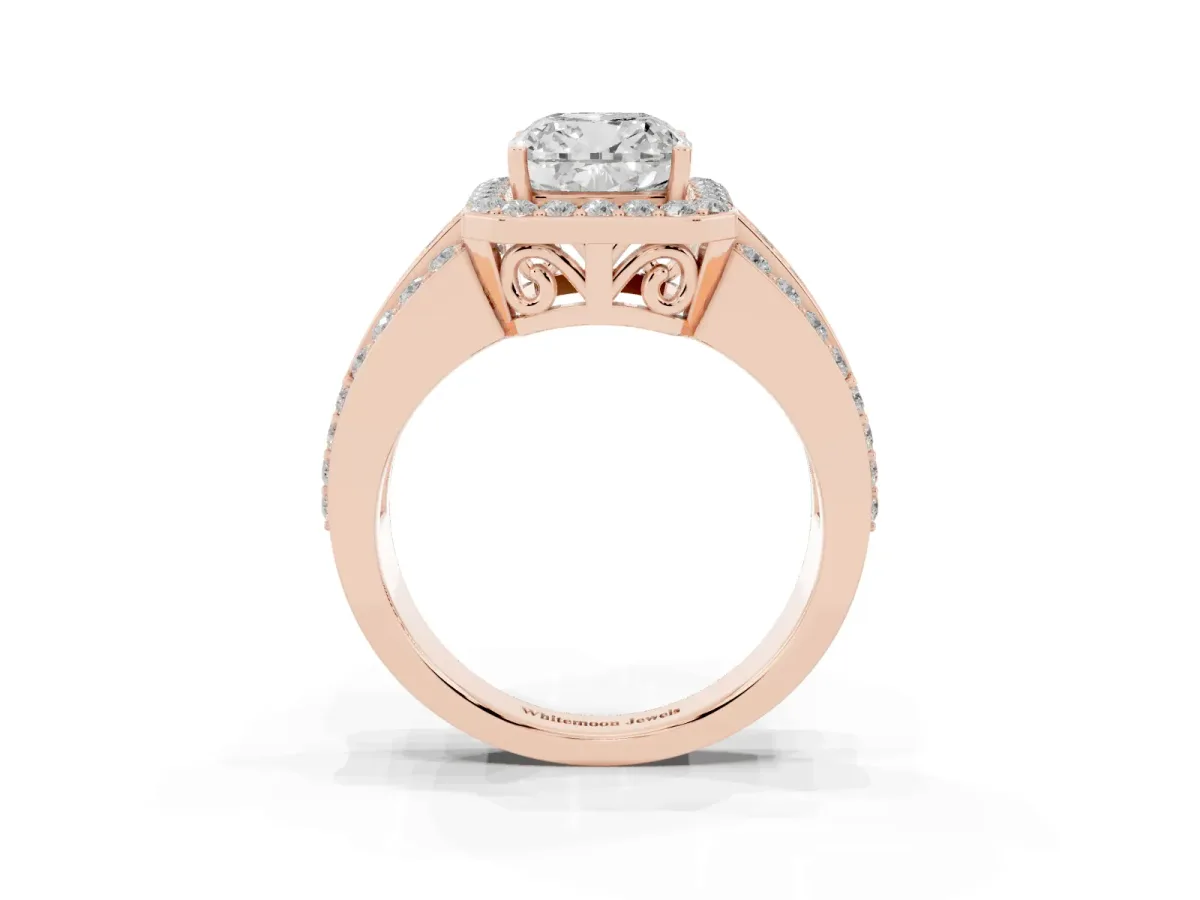 0.5 Carat Cushion Cut Halo Ring with Round Split Shank and Prong Setting Rose gold