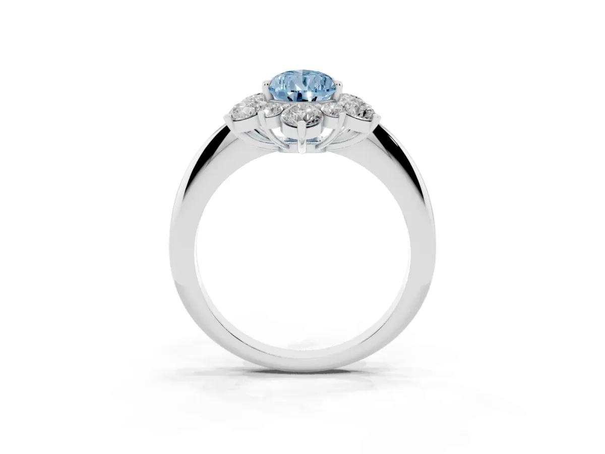 Fancy Blue Pear Cut Diamond Cluster Halo Ring with Solitaire Band and Four-Prong Setting Silver