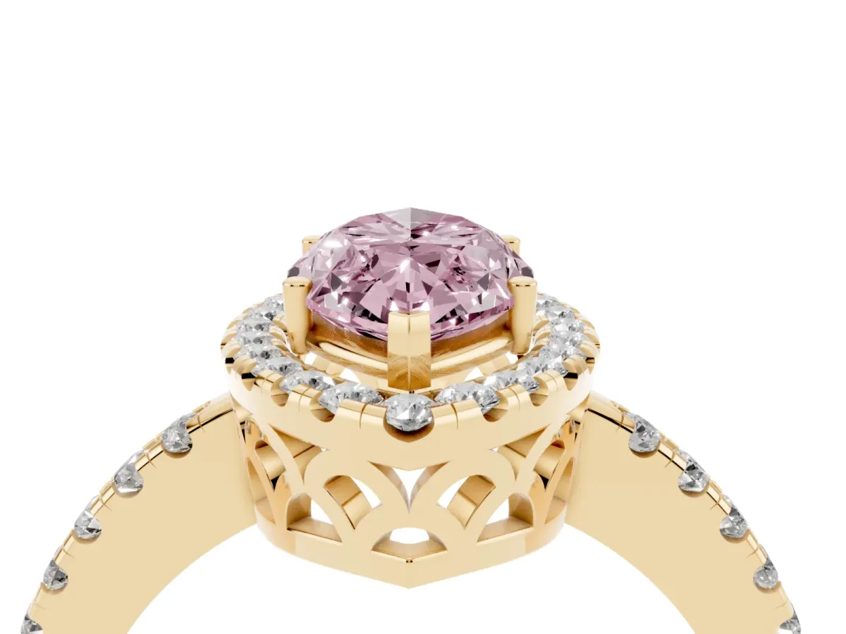 Fancy Pink Marquise Cut Halo Diamond Engagement Ring with Pavé Band and Four-Prong Setting Yellow gold