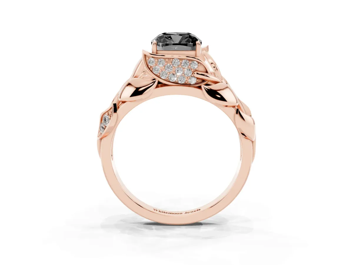 Fancy Black Cushion Cut Diamond Leaf-Inspired Engagement Ring with Round Accents and Prong Setting Rose gold