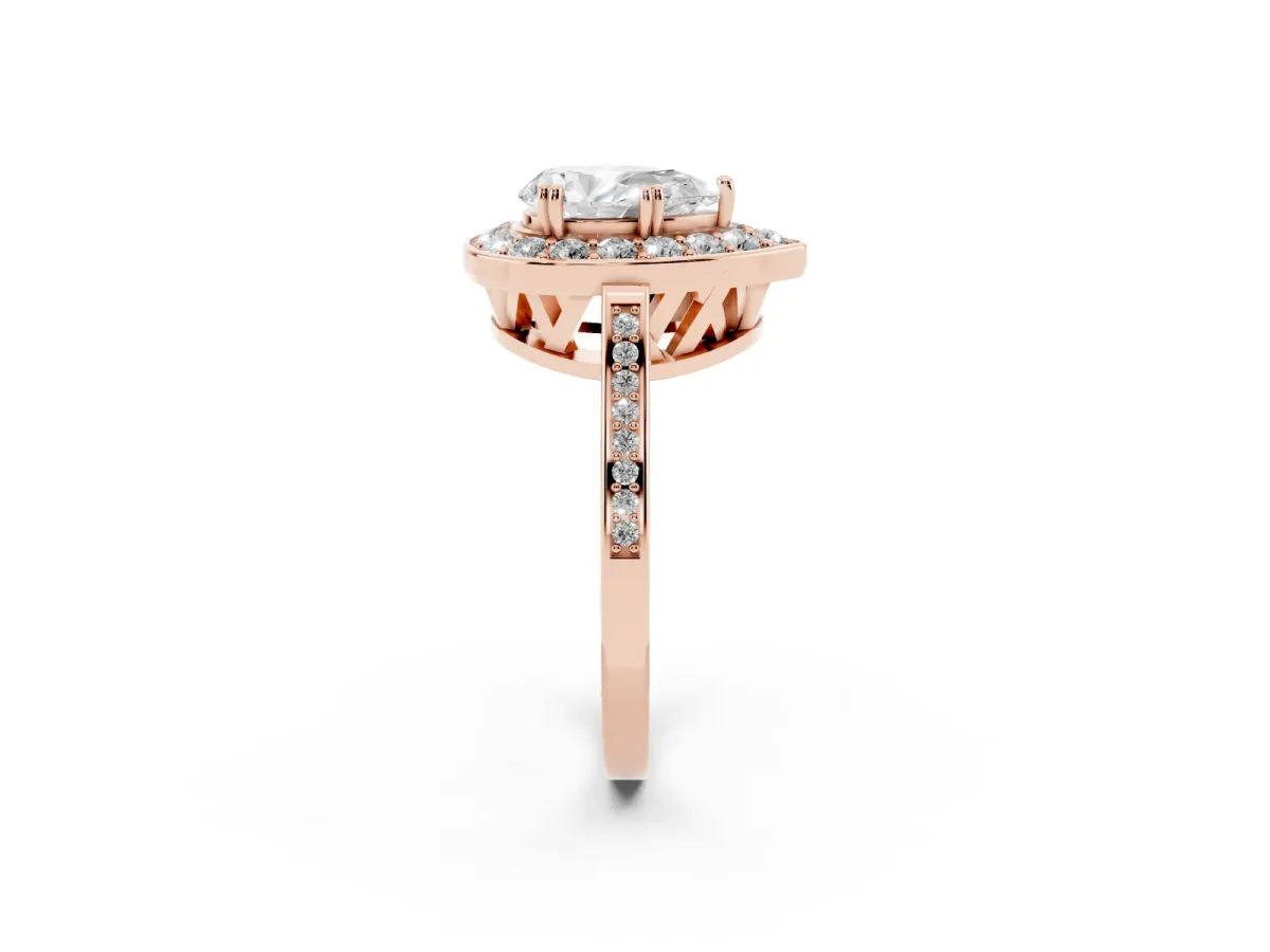 Pear Cut Diamond Halo Ring with Split Shank and Four-Prong Setting Rose gold