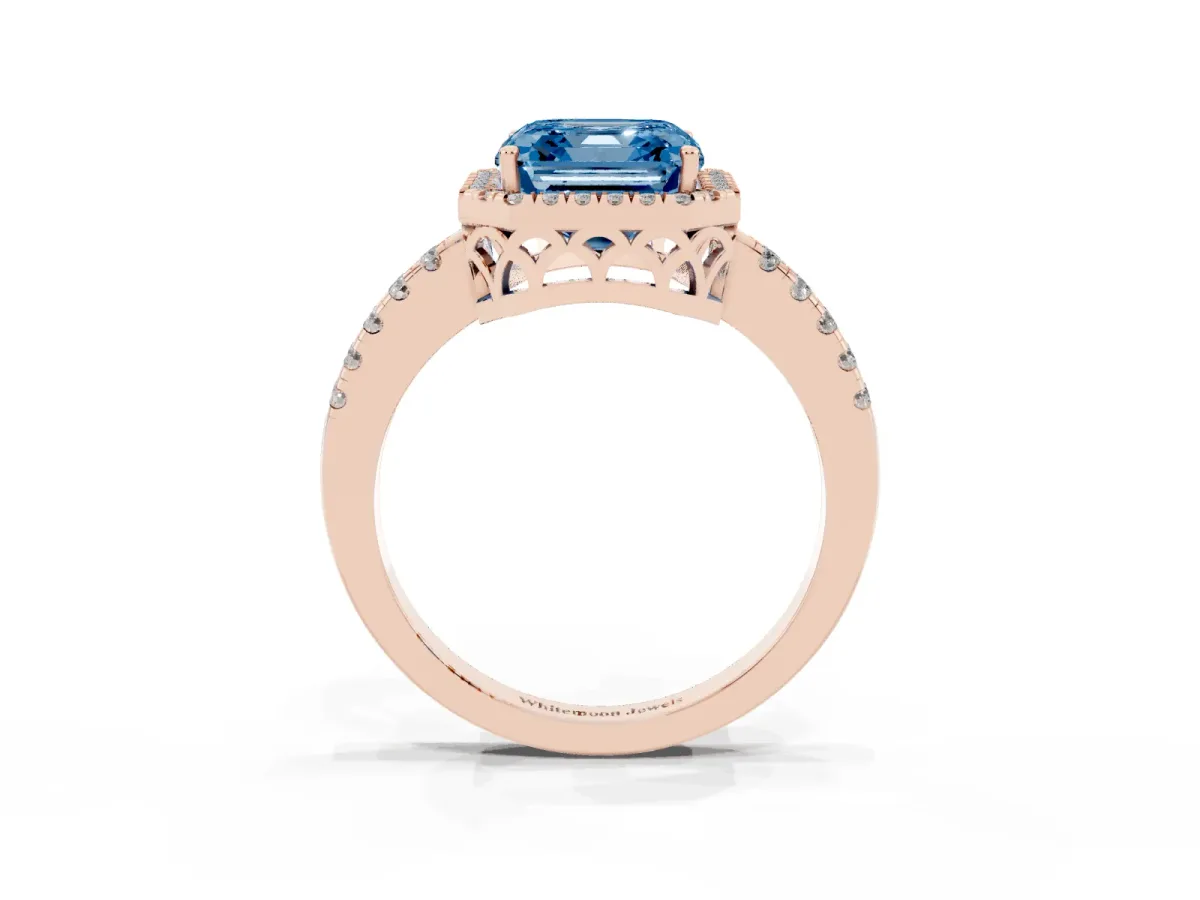Fancy Blue Asscher Cut Halo Diamond Engagement Ring with Pavé Band and Four-Prong Setting Rose gold