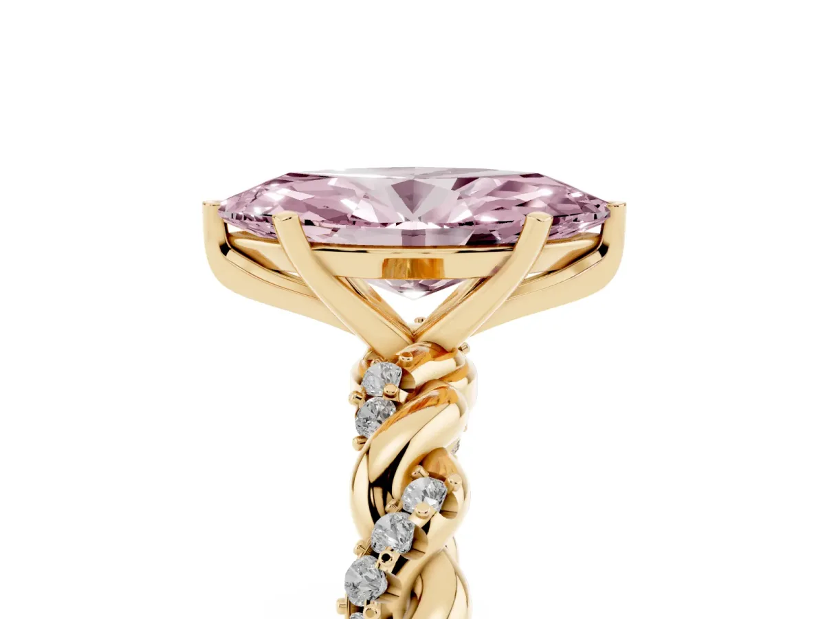 Fancy Pink Marquise Cut Diamond Solitaire Ring with Twisted Band and Pavé Accents Yellow gold