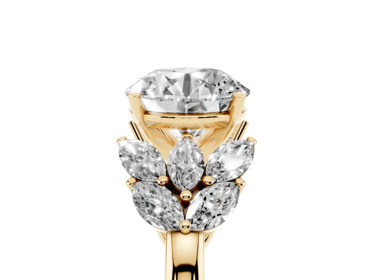 Round Cut Diamond Cluster Leaf Design Ring with Prong Setting Yellow gold
