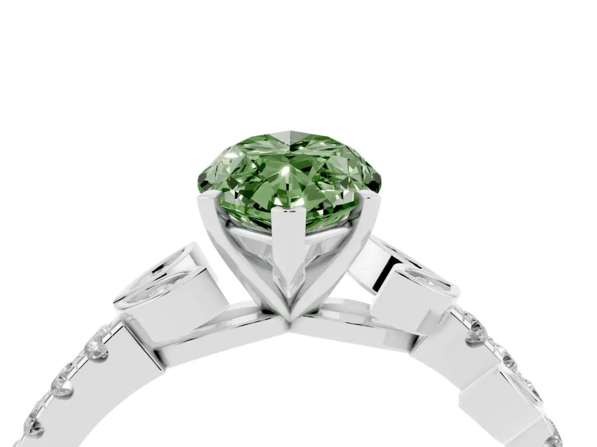 Fancy Green Marquise Cut Solitaire Leaf-Inspired Diamond Ring with Pavé Band and Four-Prong Setting Silver
