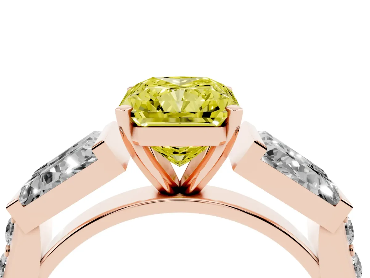 Fancy Yellow Radiant Cut Diamond Engagement Ring with Baguette Side Stones and Channel Set Band Rose gold