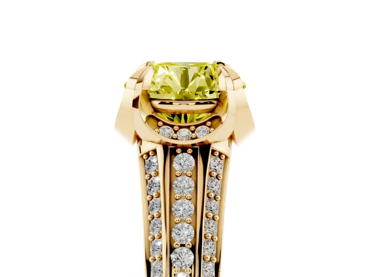 Fancy Yellow Round Cut Solitaire Pave Split Shank Ring with Four-Prong Setting Yellow gold