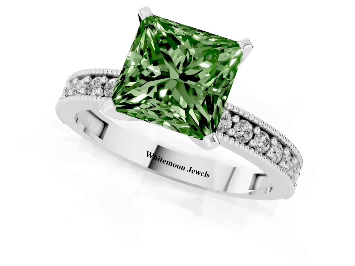 Fancy Green Princess Cut Diamond Milgrain Pavé Engagement Ring with Four-Prong Setting Silver
