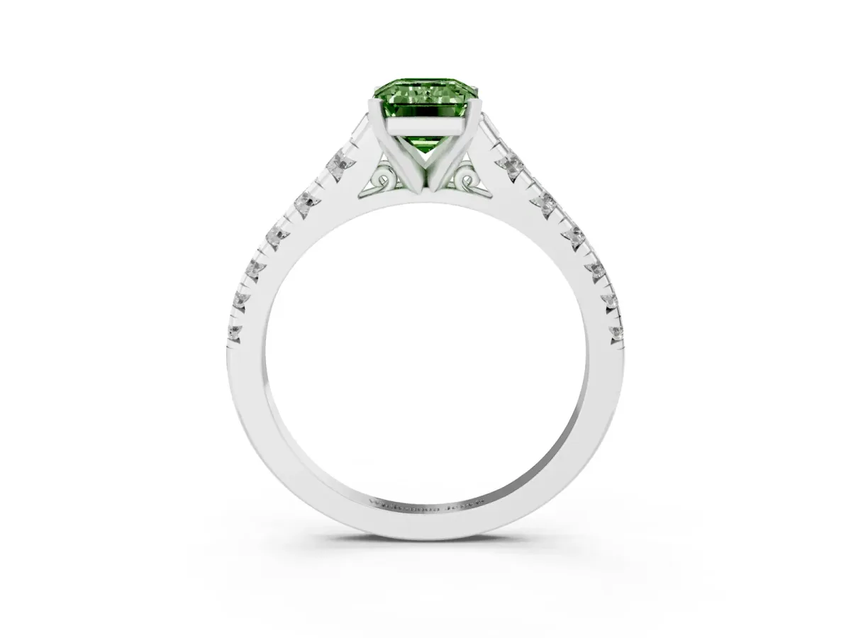 Fancy Green Emerald Cut Diamond Cathedral Solitaire Ring with Round Pavé Band Platinum