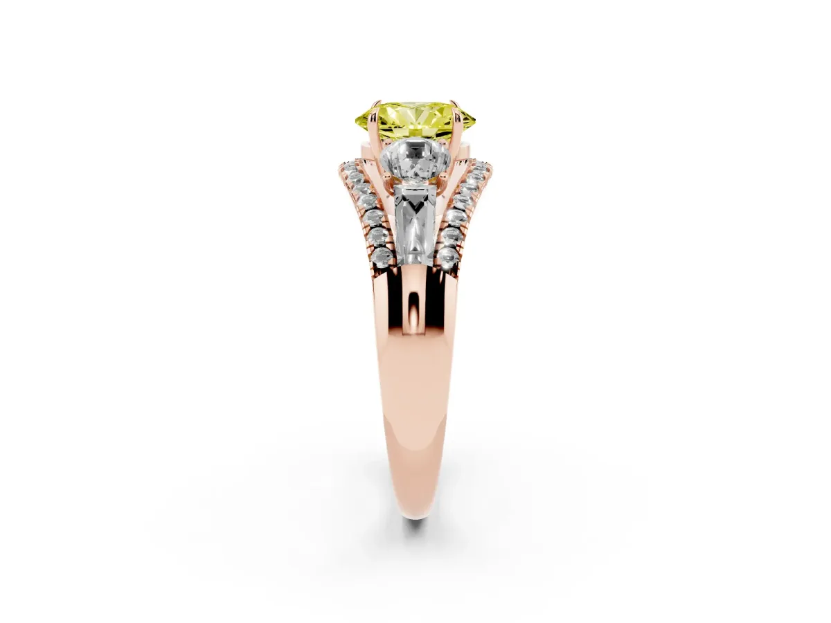 Fancy Yellow Three-Stone Oval Cut Diamond Engagement Ring with Pave Band and Prong Setting Rose gold