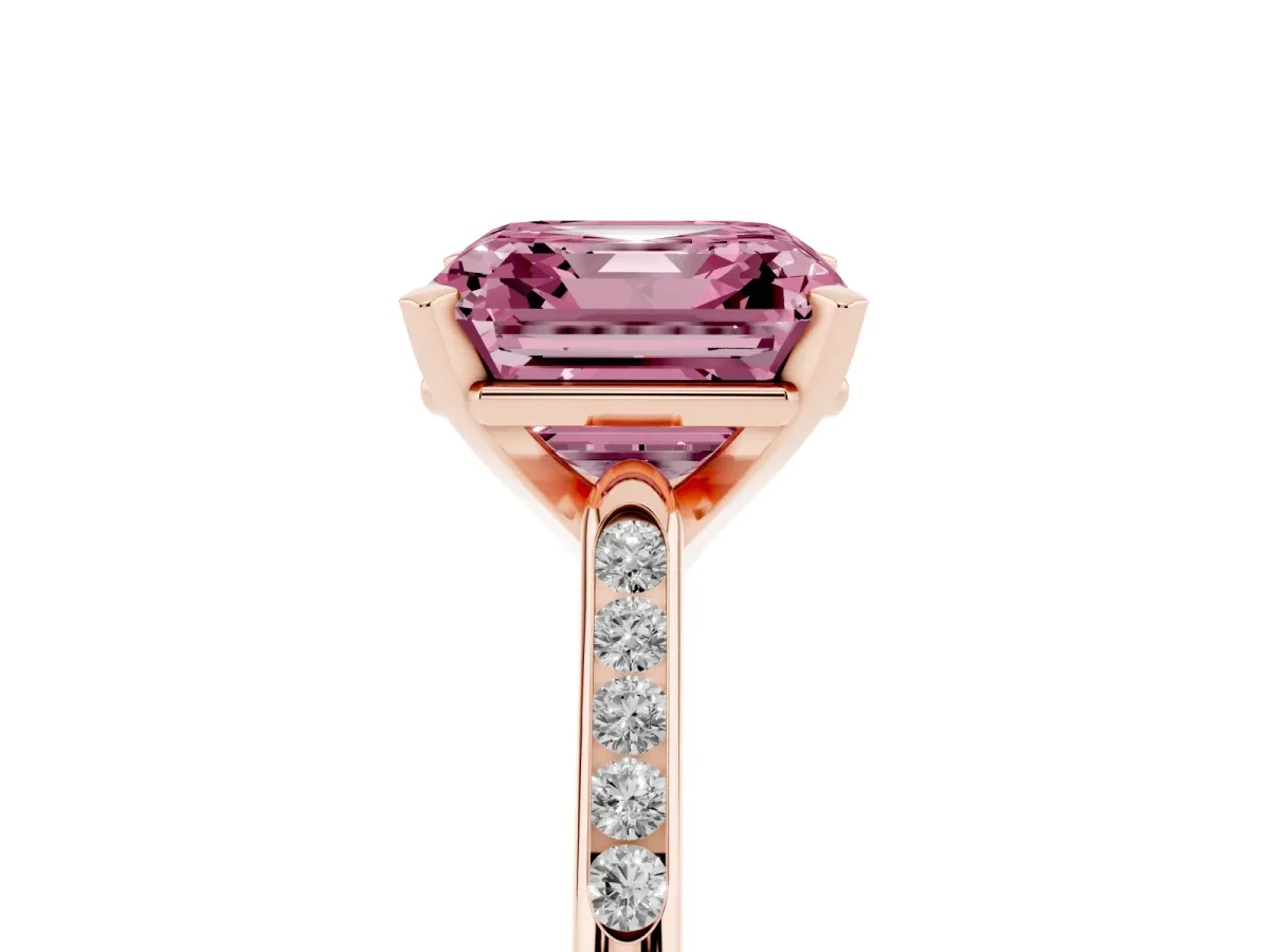 Fancy Pink Asscher Cut Diamond Solitaire Ring with Channel Set Round Band and Prong Setting Rose gold
