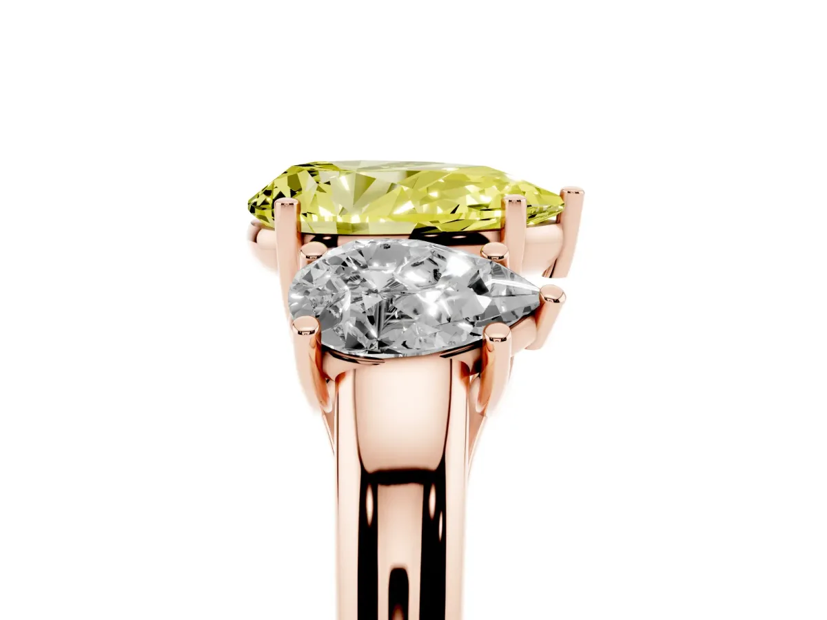 Fancy Yellow Three-Stone Pear Cut Diamond Engagement Ring with Prong Setting Rose gold