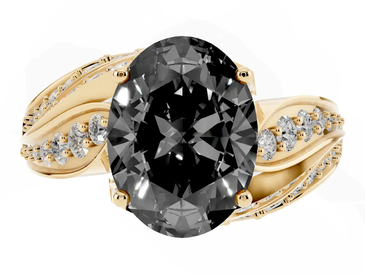 Fancy Black Oval Cut Diamond Solitaire Ring with Prong Setting and Twisted Pavé Band Yellow gold