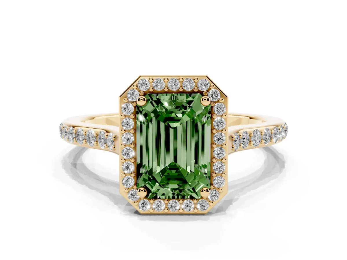 Fancy Green Emerald Cut Diamond Halo Engagement Ring with Round Pavé Shoulders and Prong Setting Yellow gold