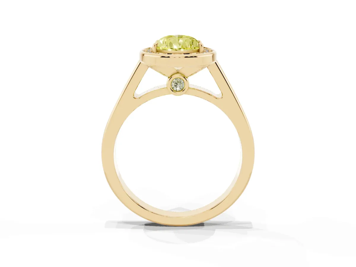 Fancy Yellow Pear Cut Halo Solitaire Diamond Ring with Pave Band and Bezel Setting Yellow gold