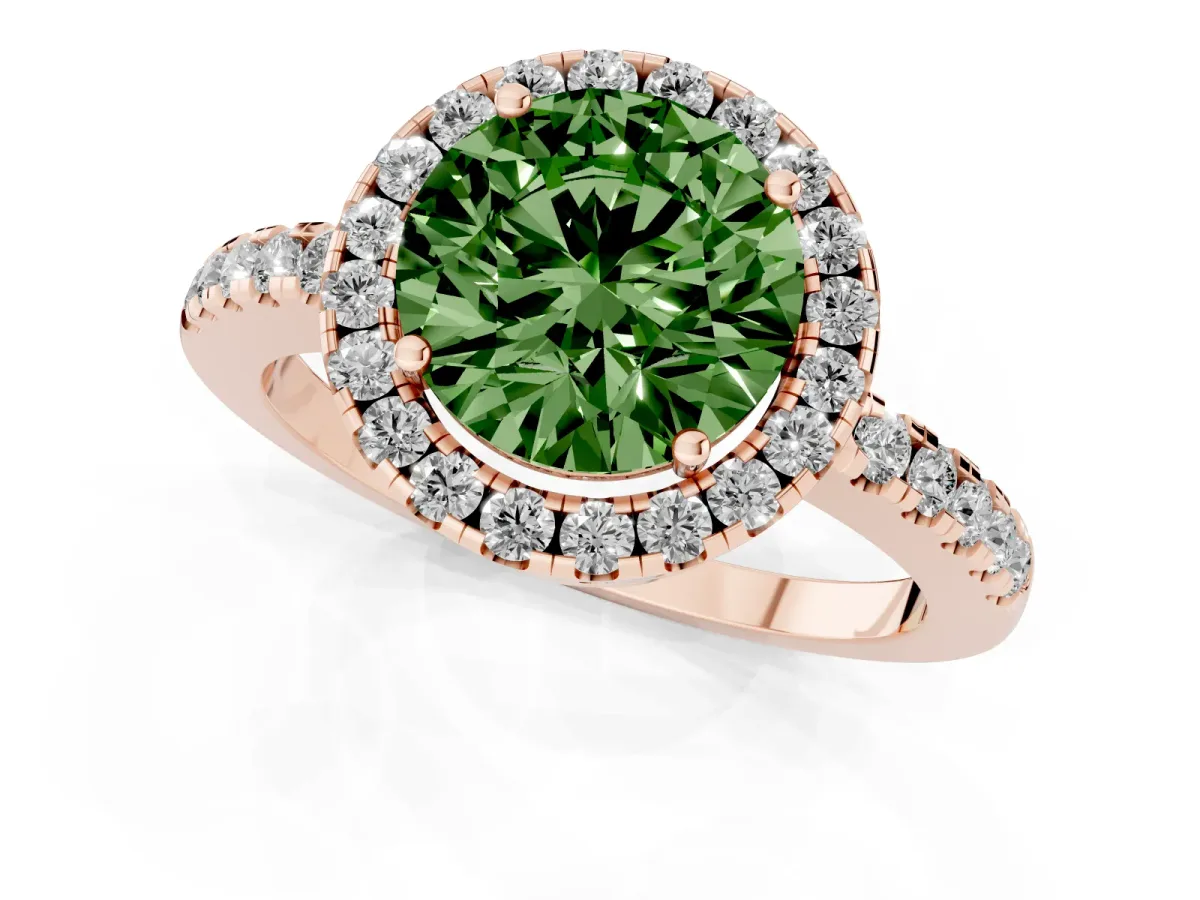 Fancy Green Round Cut Halo Diamond Engagement Ring with Pavé Band and Four-Prong Setting Rose gold