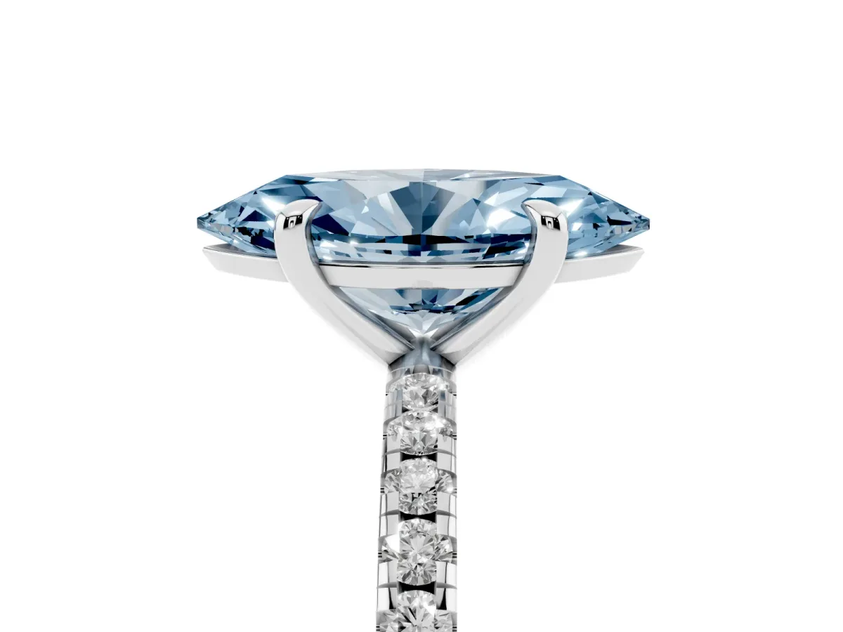 Fancy Blue Marquise Cut Diamond Brilliant Solitaire Ring with Pavé Band and Four-Prong Setting Silver