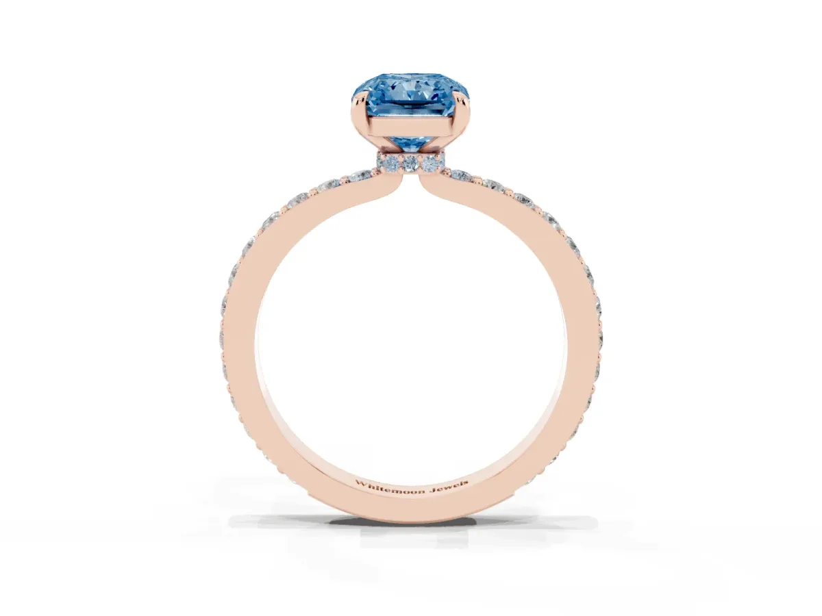 Fancy Blue Radiant Cut Diamond Pavé Engagement Ring with Round Accents and Prong Setting Rose gold