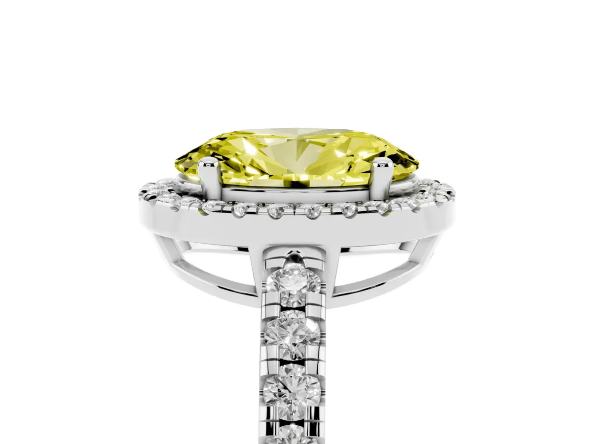 Fancy Yellow Oval Cut Diamond Halo Ring with Pavé Band and Four-Prong Setting White gold